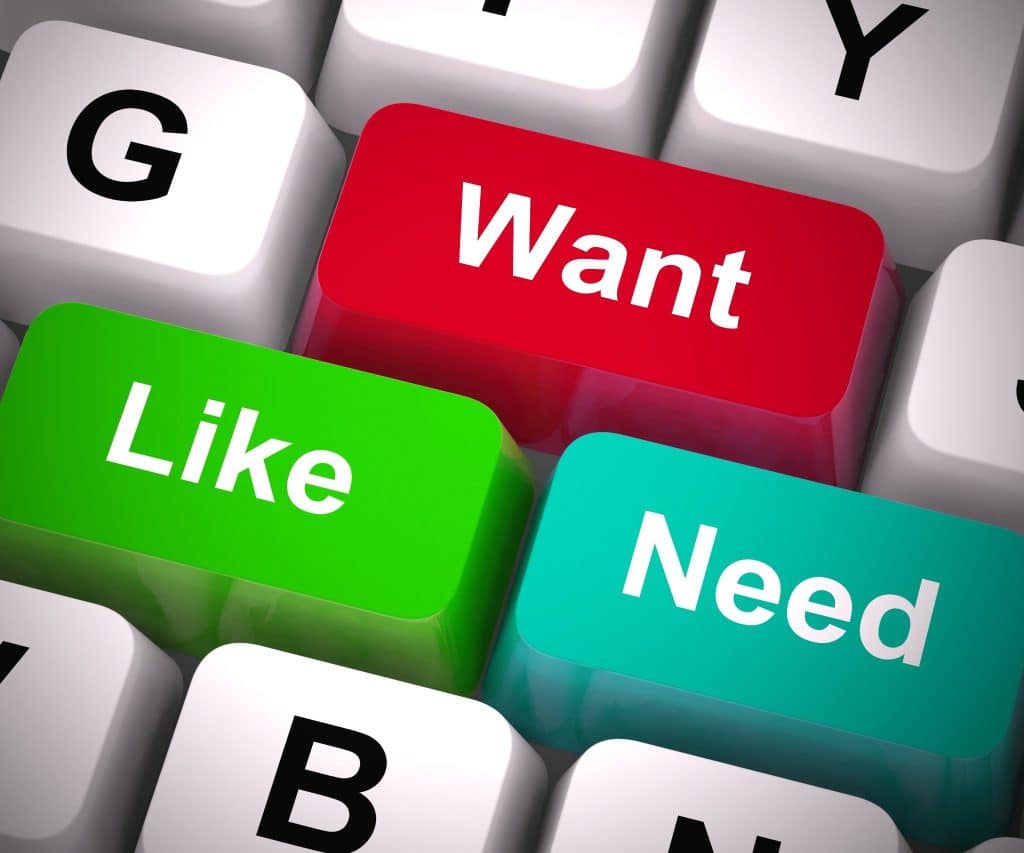 Keyboard buttons labeled want, need, and like symbolizing priorities in setting financial goals