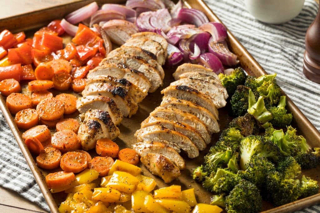Sheet pan chicken and roasted vegetables ready to portion batch cooking for budget meal planning.