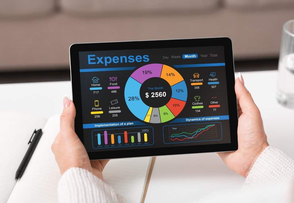 Tablet screen displaying expense charts and categories, helping with building emergency fund tracking.