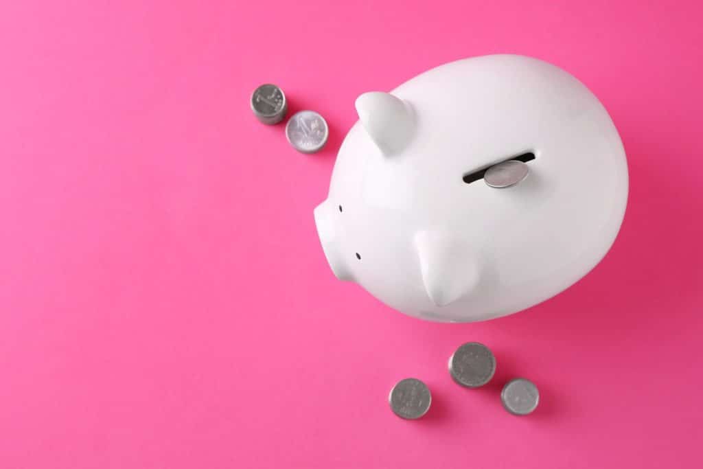 White piggy bank with coins scattered symbolizing hidden costs in managing monthly budget.