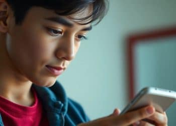 Young adult budgeting on phone, colorful background.