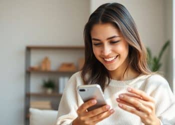 Woman smiling, looking at phone.