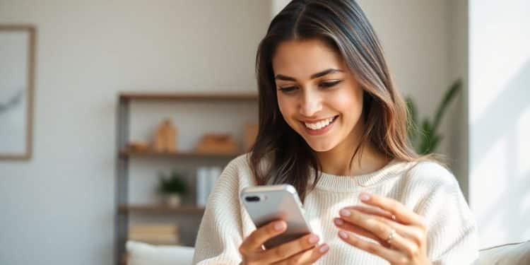 Woman smiling, looking at phone.