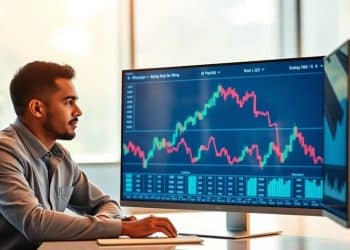 Financial professionals analyzing market data on a computer.