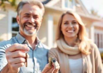 Couple holding keys to a new house.