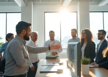 Diverse professionals collaborating in modern office.