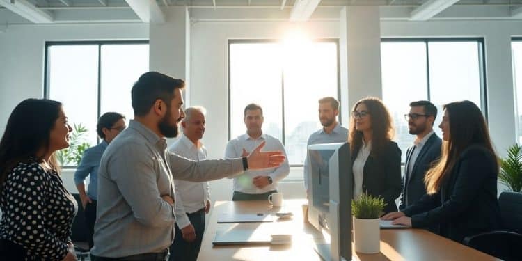 Diverse professionals collaborating in modern office.