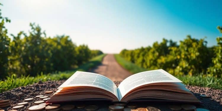 Path to financial growth, open book, coins.