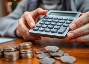 Person smiling, holding calculator and coins.