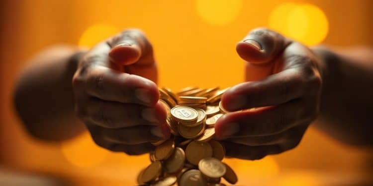 Person's hands open, golden coins spilling out.