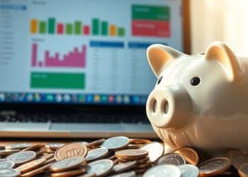 Piggy bank, coins, laptop, budget app.