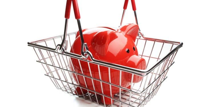 Red piggy bank inside a grocery basket, symbolizing the importance of budgeting to save on groceries.
