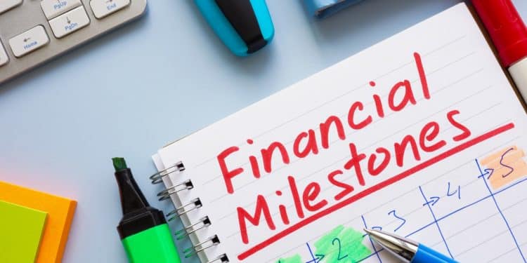 Notebook with the words financial milestones written, representing steps in setting financial goals