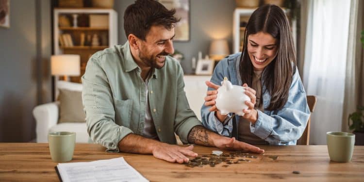 Happy couple counting coins from a piggy bank, showing real-life tips to save money at home.