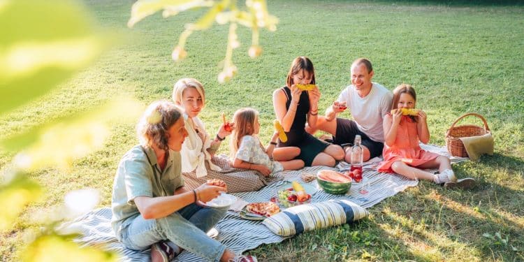Family sharing food and laughter during a sunny picnic on budget weekend trips.