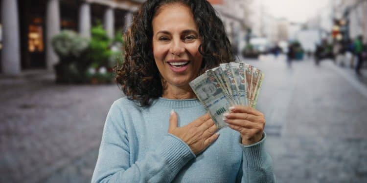 Happy woman holding cash outdoors, symbolizing gratitude and money success.