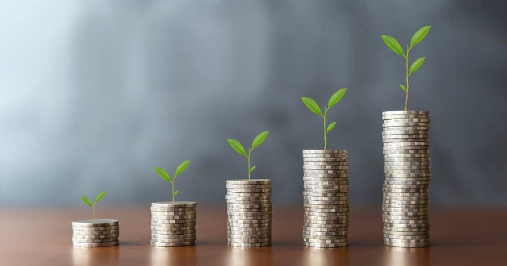 Growing stacks of coins with plants symbolizing wealth growing with healthy money habits.