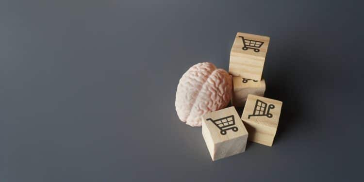 Brain and shopping icons symbolizing psychology of how to stop splurging money.