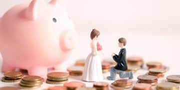 A toy couple planning their wedding expenses with coins and a piggy bank, showing the importance of wedding budgeting tips for a debt free celebration.